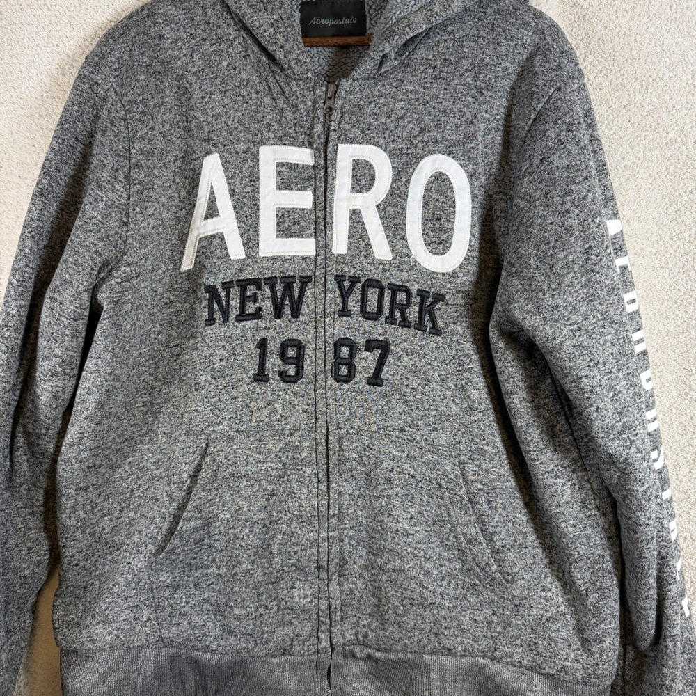 Aeropostale Mens Gray Sherpa Lined Full Zip Graphic Hoodie XL Aero NY 1987 Y2K - Picture 5 of 10